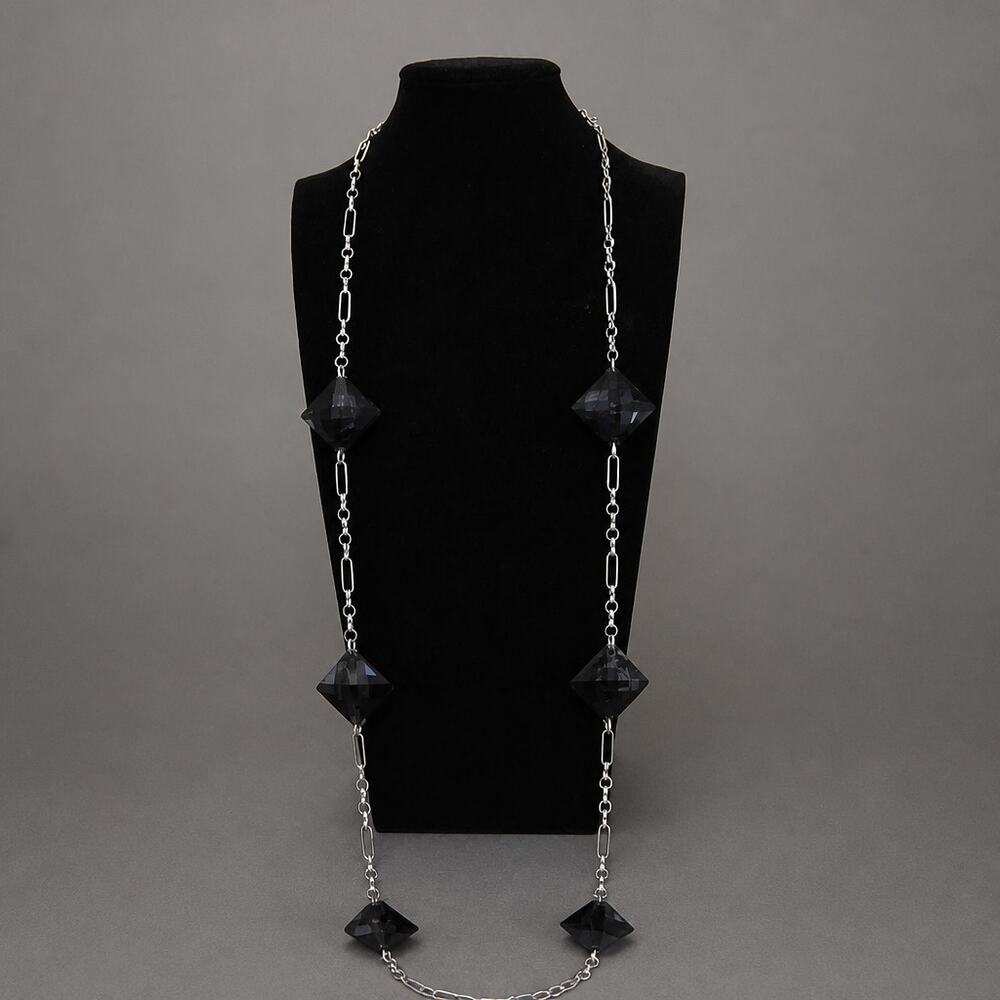 Vintage AVON silver plated long chain link necklace with faceted purple stones